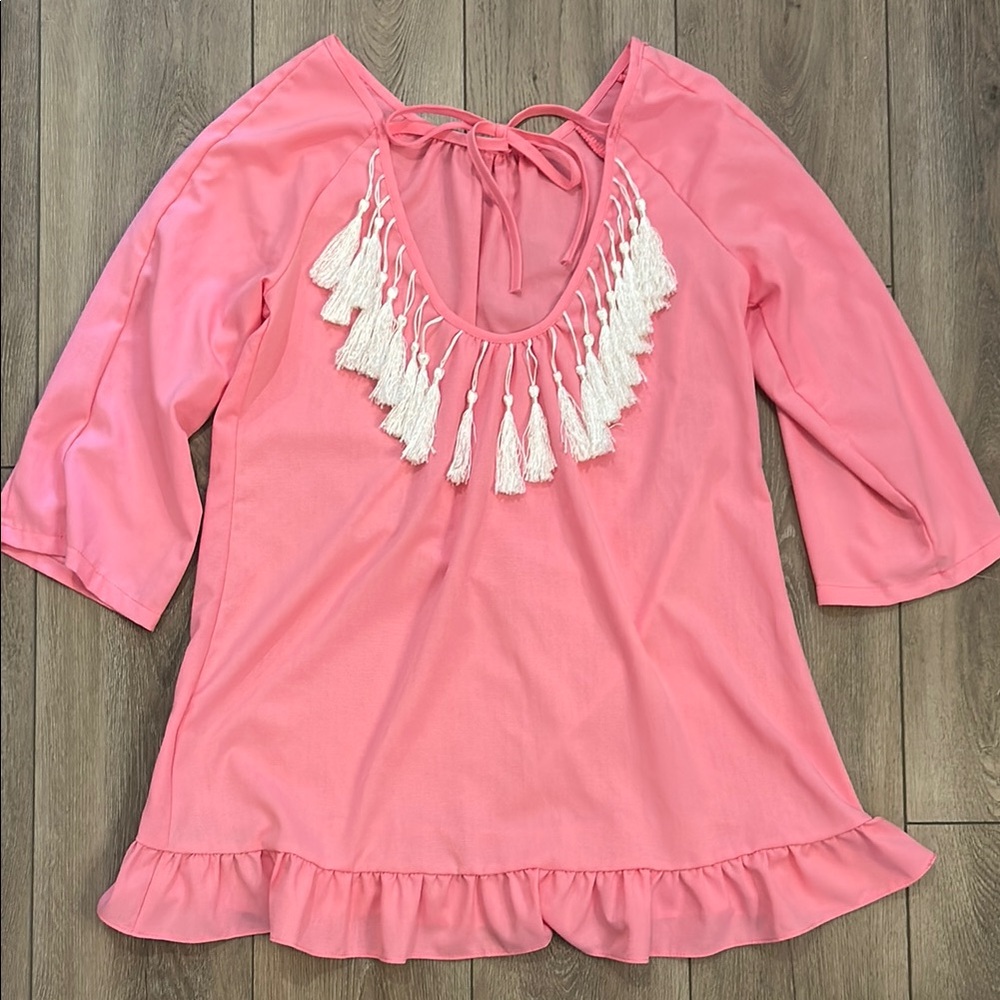 Pink Mini Dress Beach/Swim Coverup w/White Tassel Back Detail - Ruffle Hem Large - Picture 1 of 6